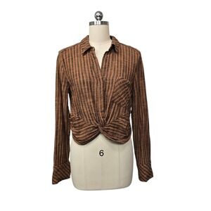 Free People Brown Striped Twist Front Cropped Button Down Shirt Womens Sz Large